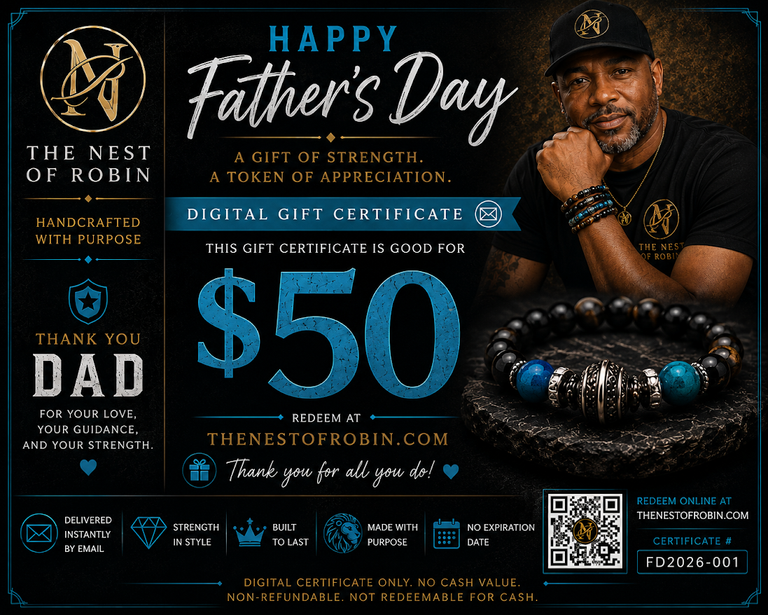 Father's Day gift certificate with a man wearing a branded cap and necklace, featuring The Nest of Robin branding.