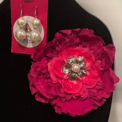 “A Rose & A Pearl” Floral Brooch & Earrings Set