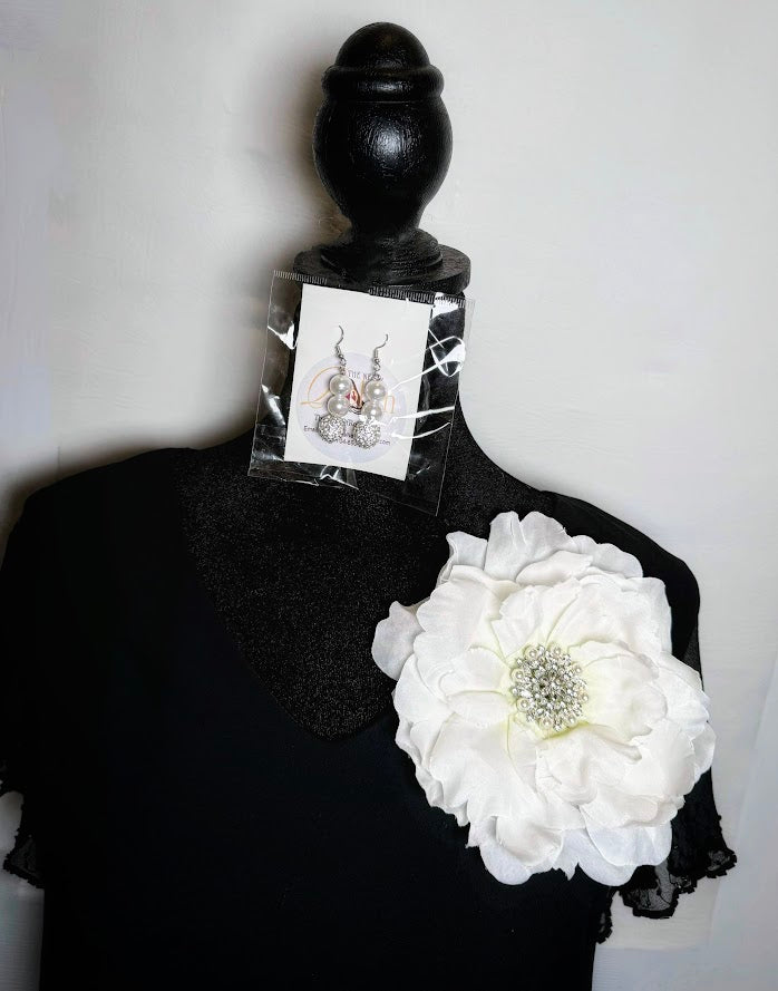 Crystal White Floral Brooch & Earring Set