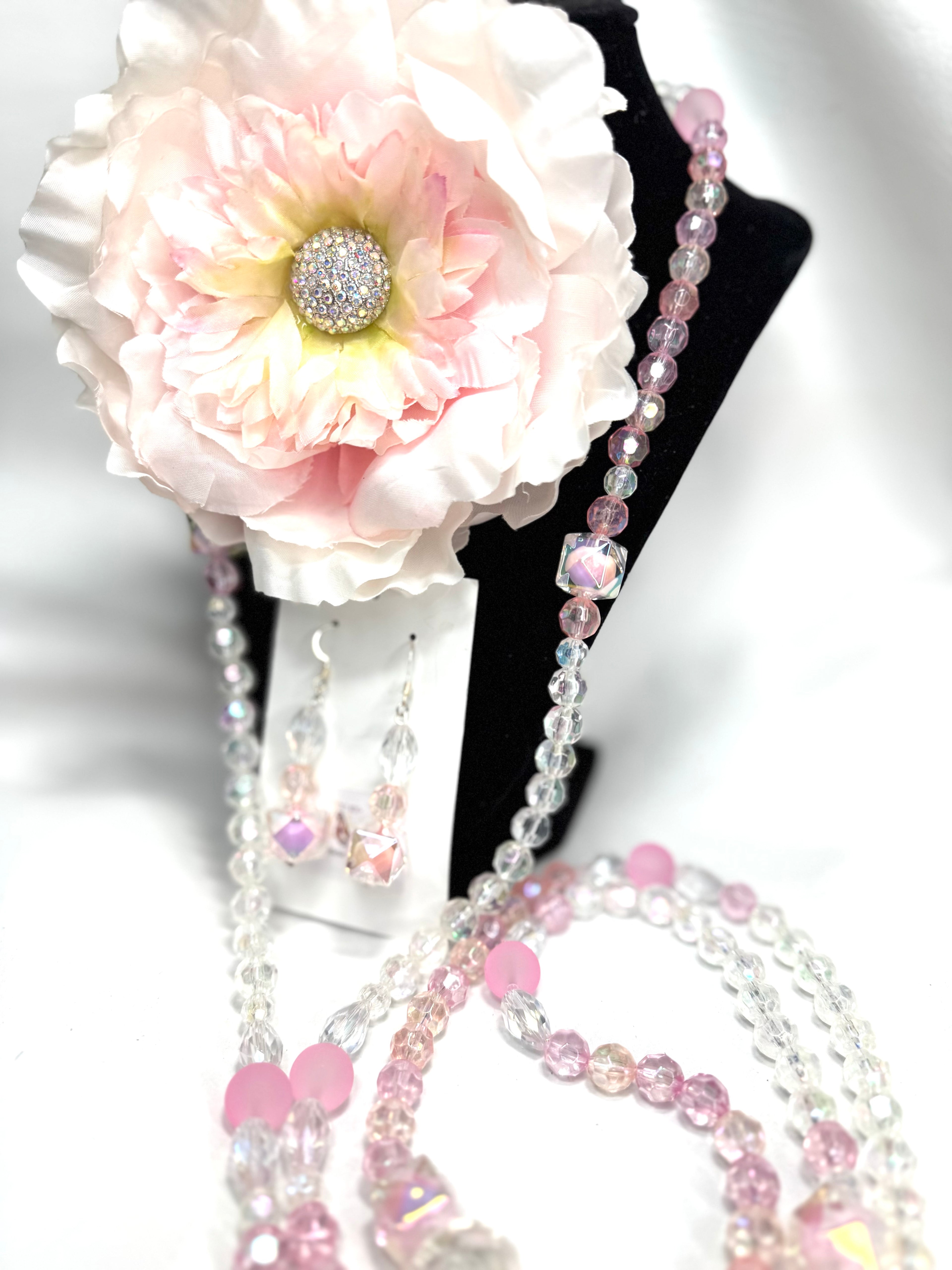 “Blush Radiance Ensemble” - Floral Brooch, Long Necklace & Earrings￼
