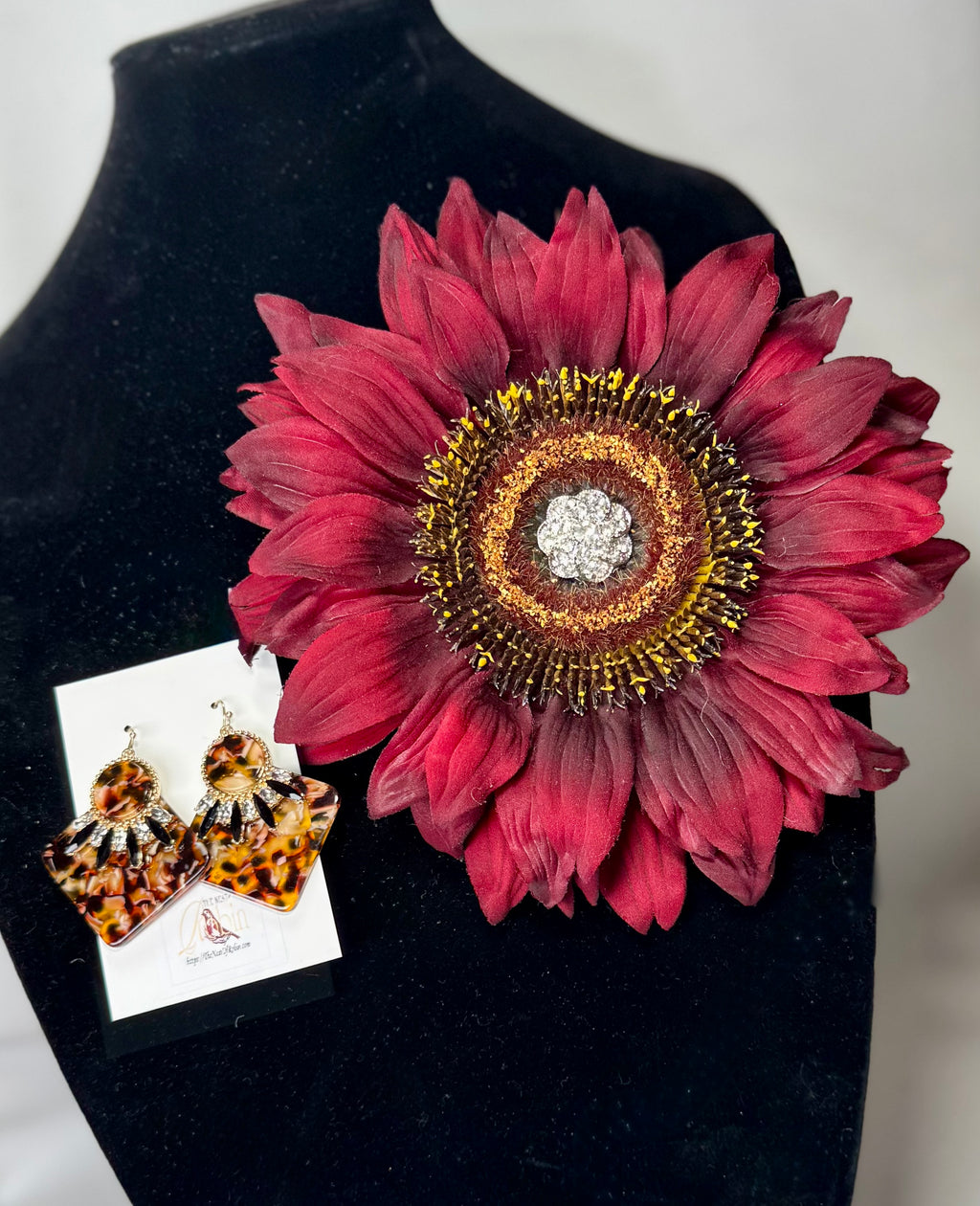“Deep Sunflower” Floral Brooch & Earrings Set