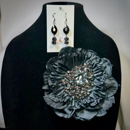 “Midnight Joy” Floral Brooch & Earrings Set