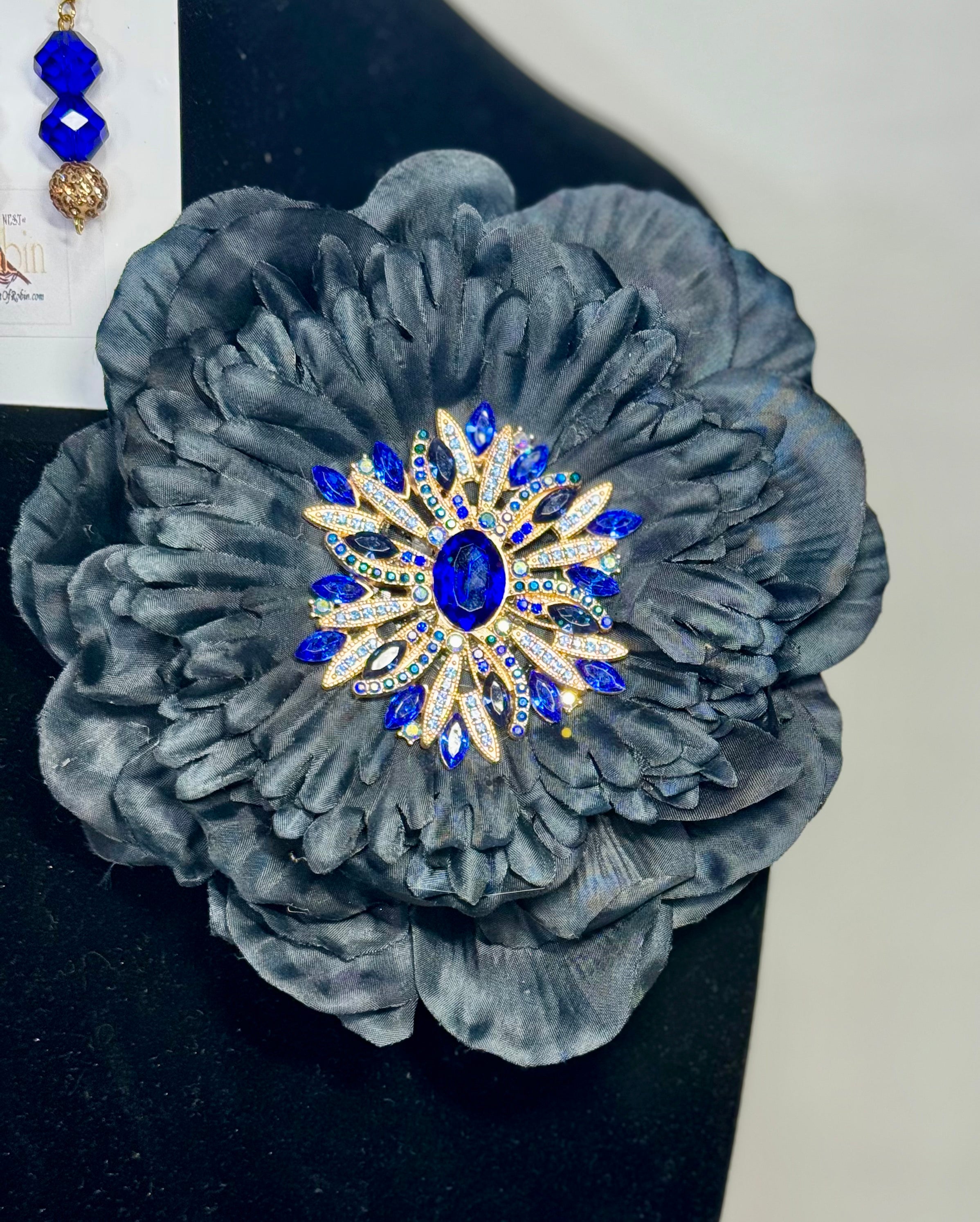 “Cobalt Night” Floral Brooch & Earrings Set