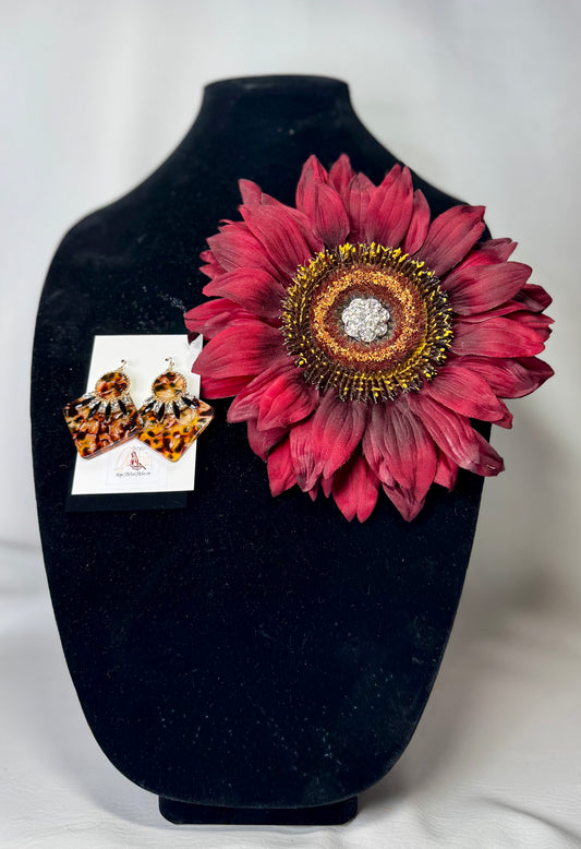“Deep Sunflower” Floral Brooch & Earrings Set