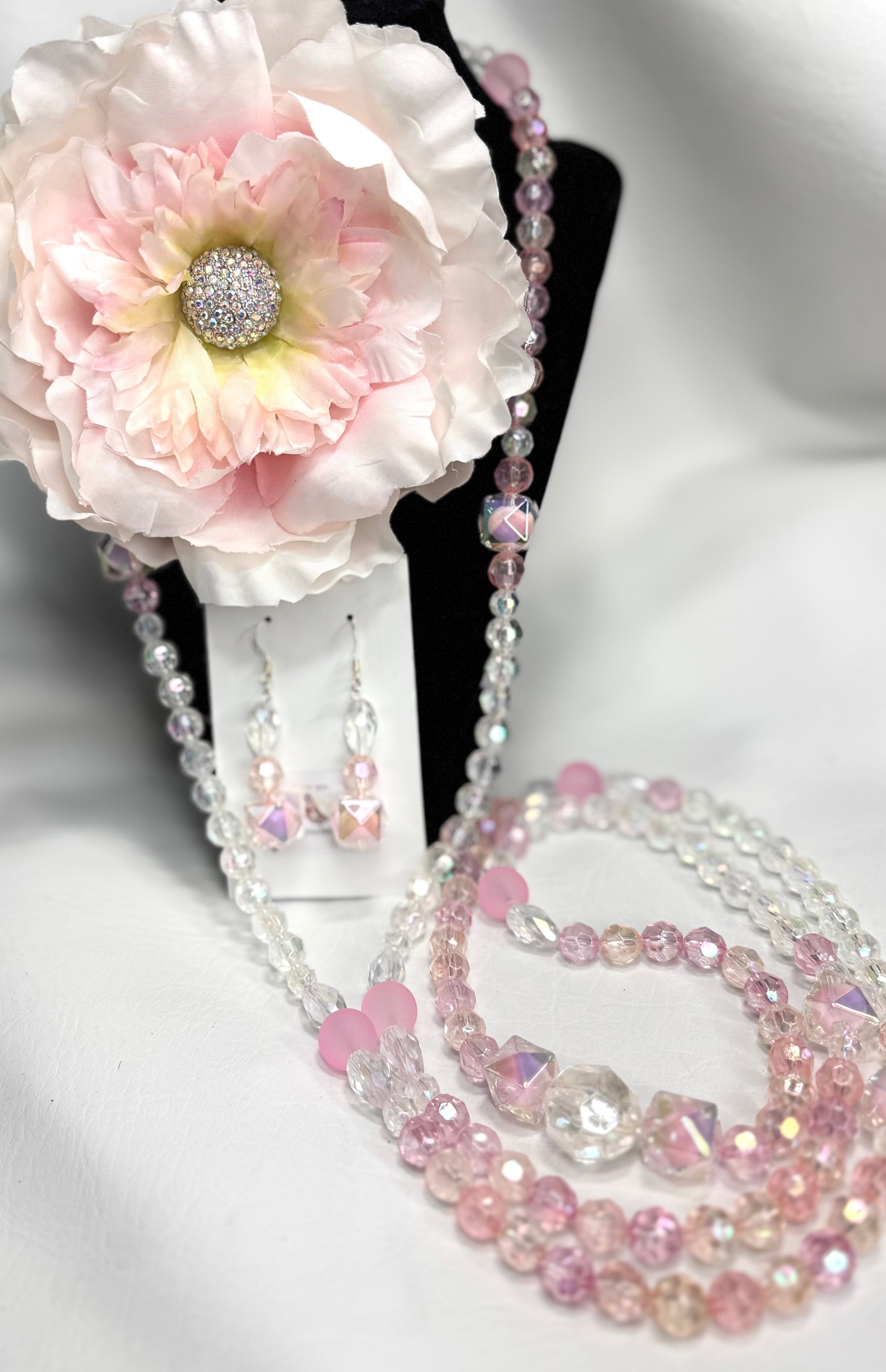 “Blush Radiance Ensemble” - Floral Brooch, Long Necklace & Earrings￼