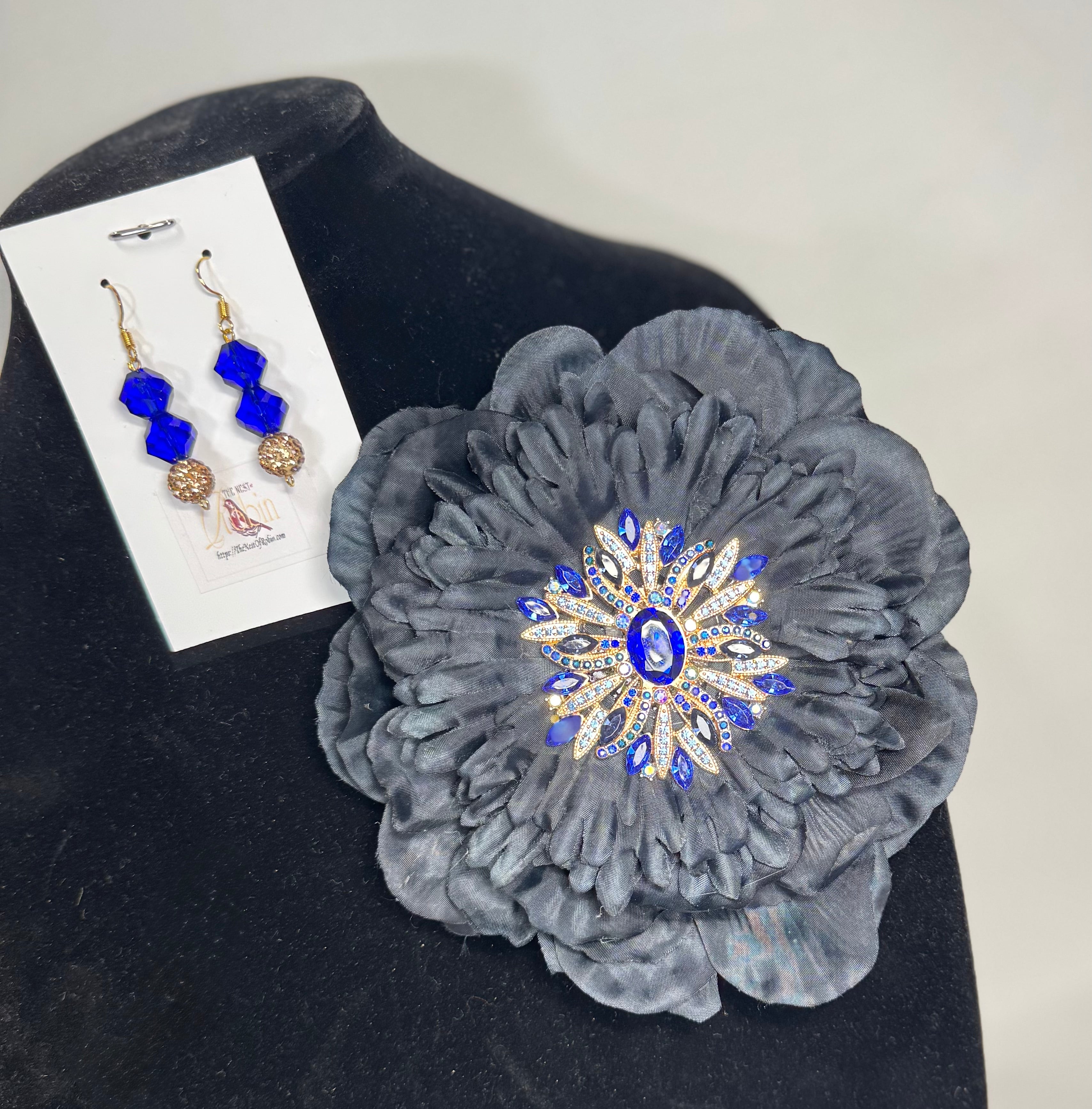 “Cobalt Night” Floral Brooch & Earrings Set