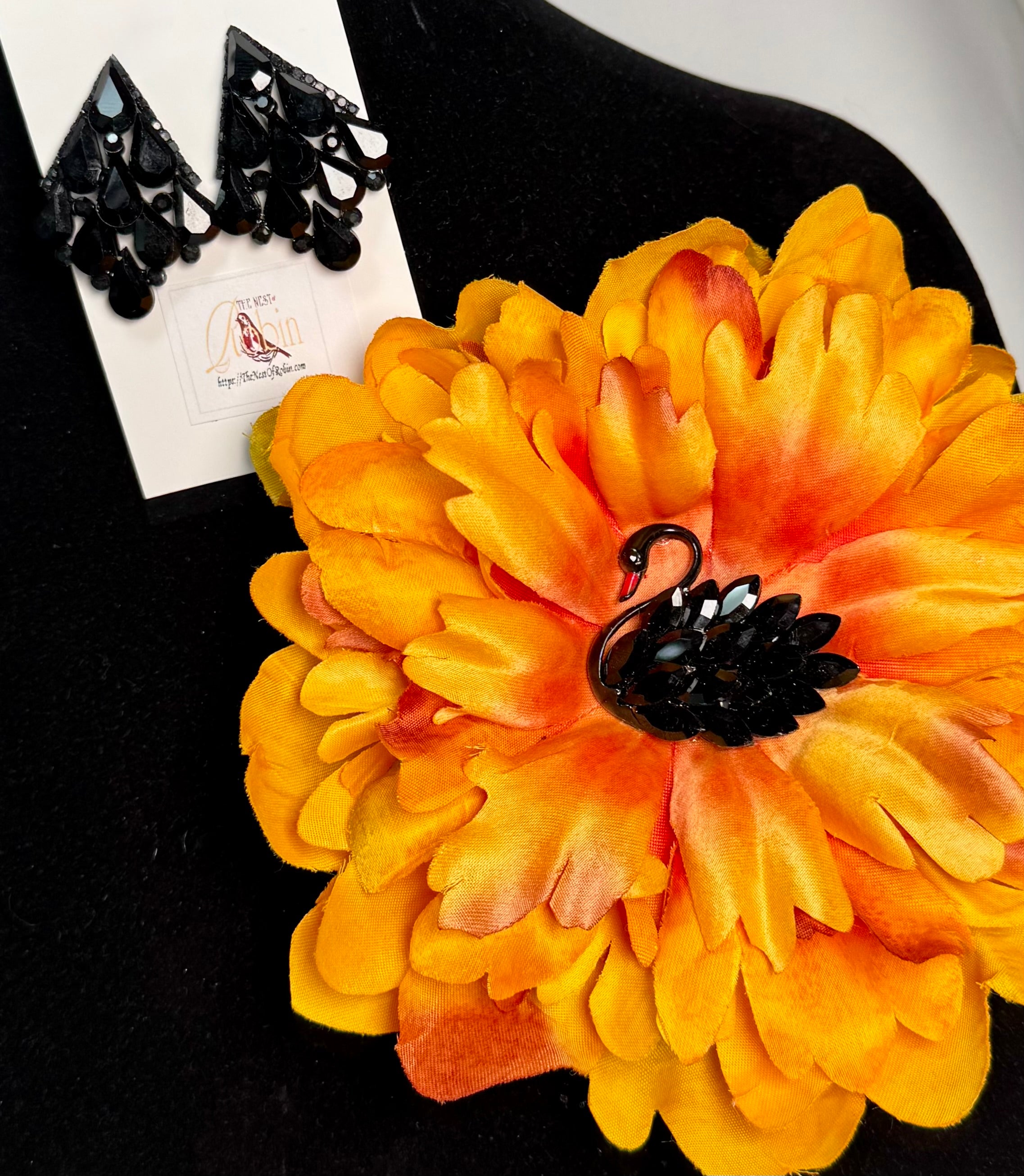 “Black Swan” Floral Brooch & Earrings Set