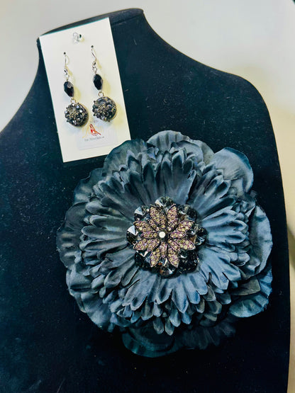 “Night Sparkle” Floral Brooch & Earrings Set