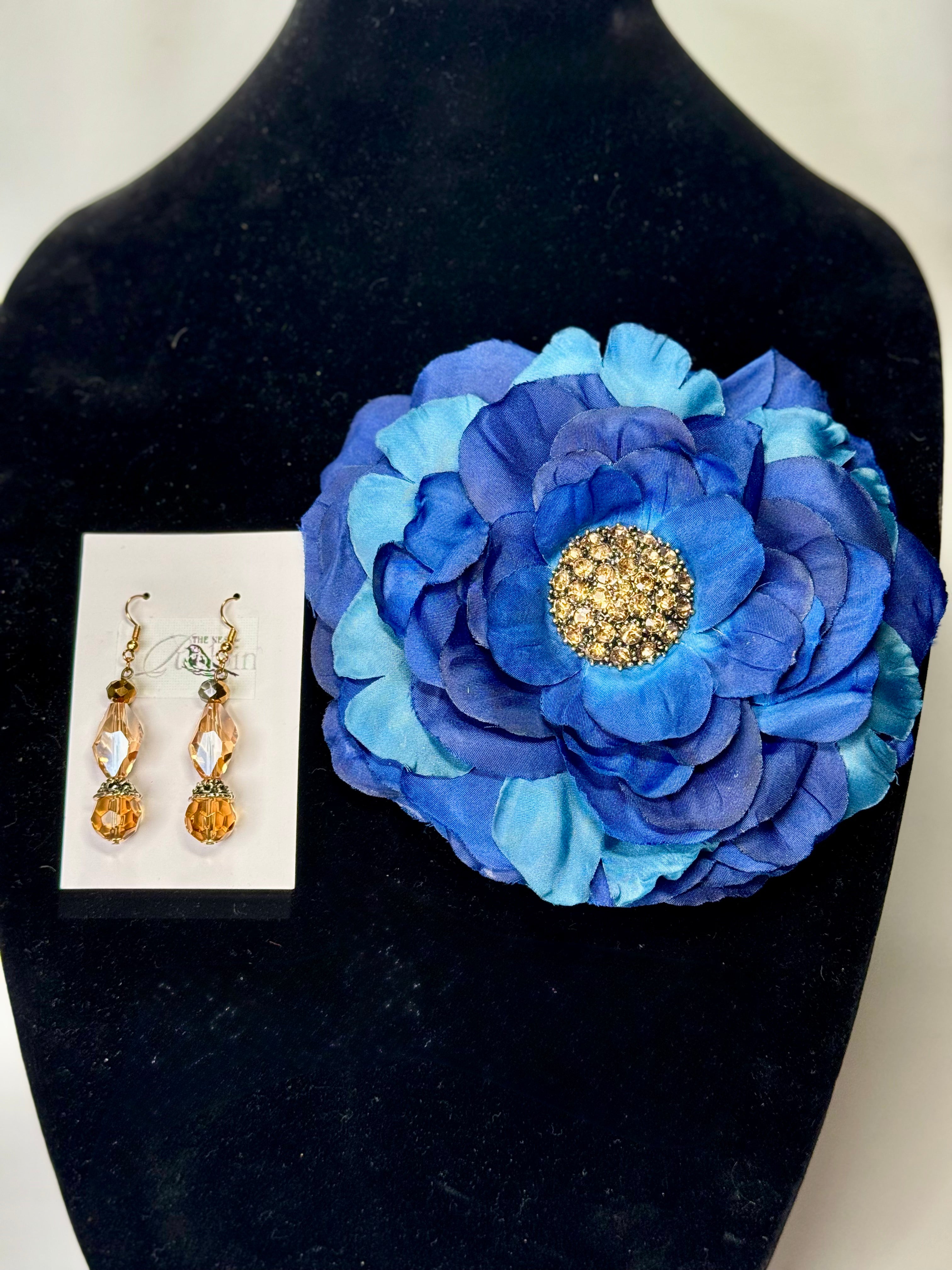 “Blue Sand Bloom” Floral Brooch & Earrings Set