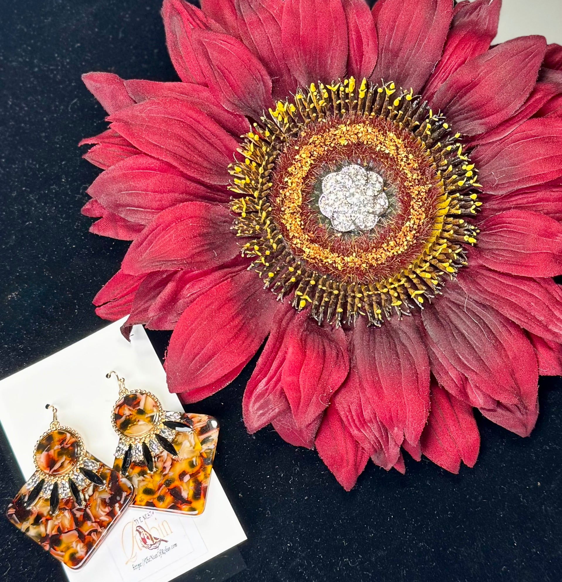“Deep Sunflower” Floral Brooch & Earrings Set
