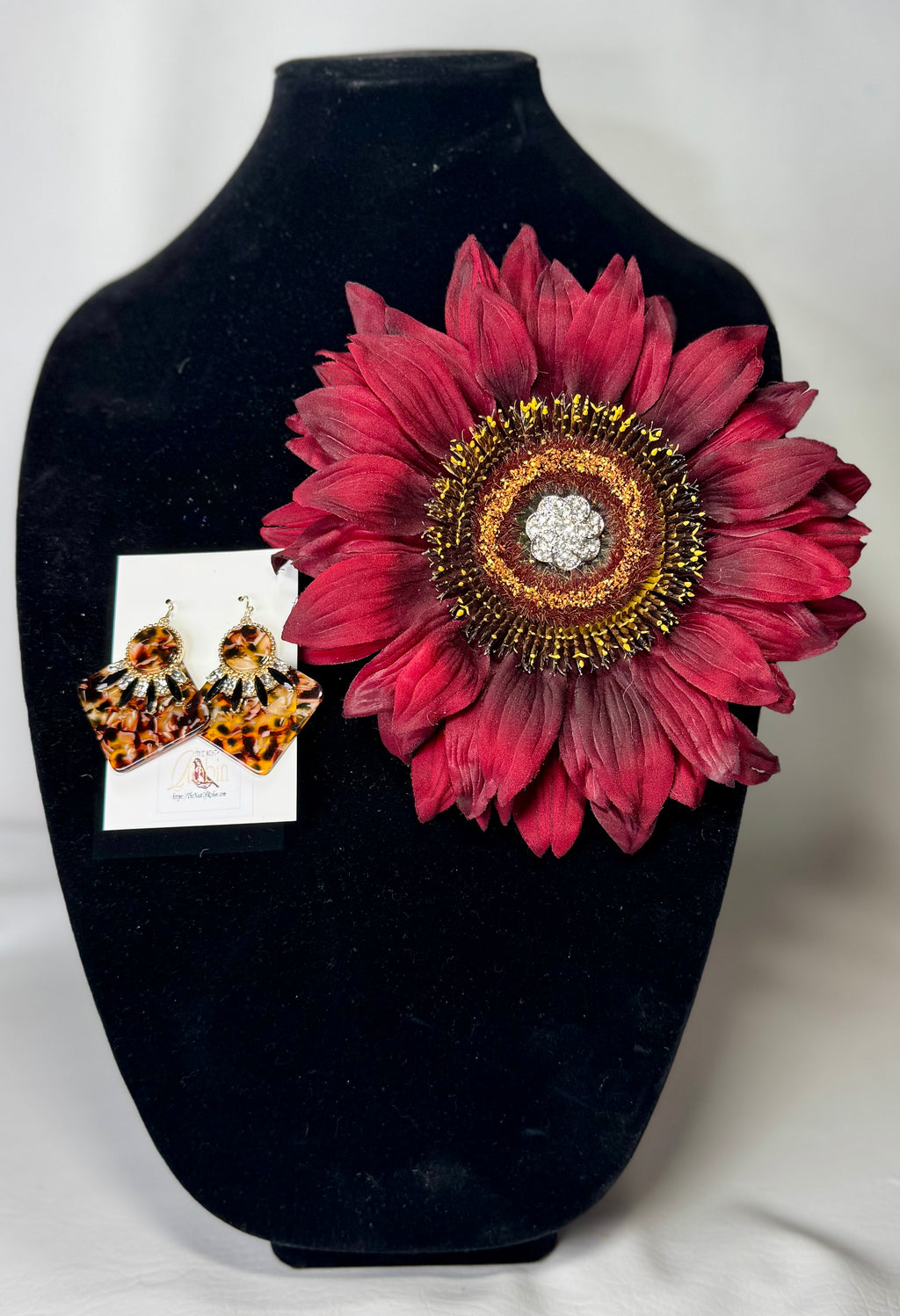 “Deep Sunflower” Floral Brooch & Earrings Set