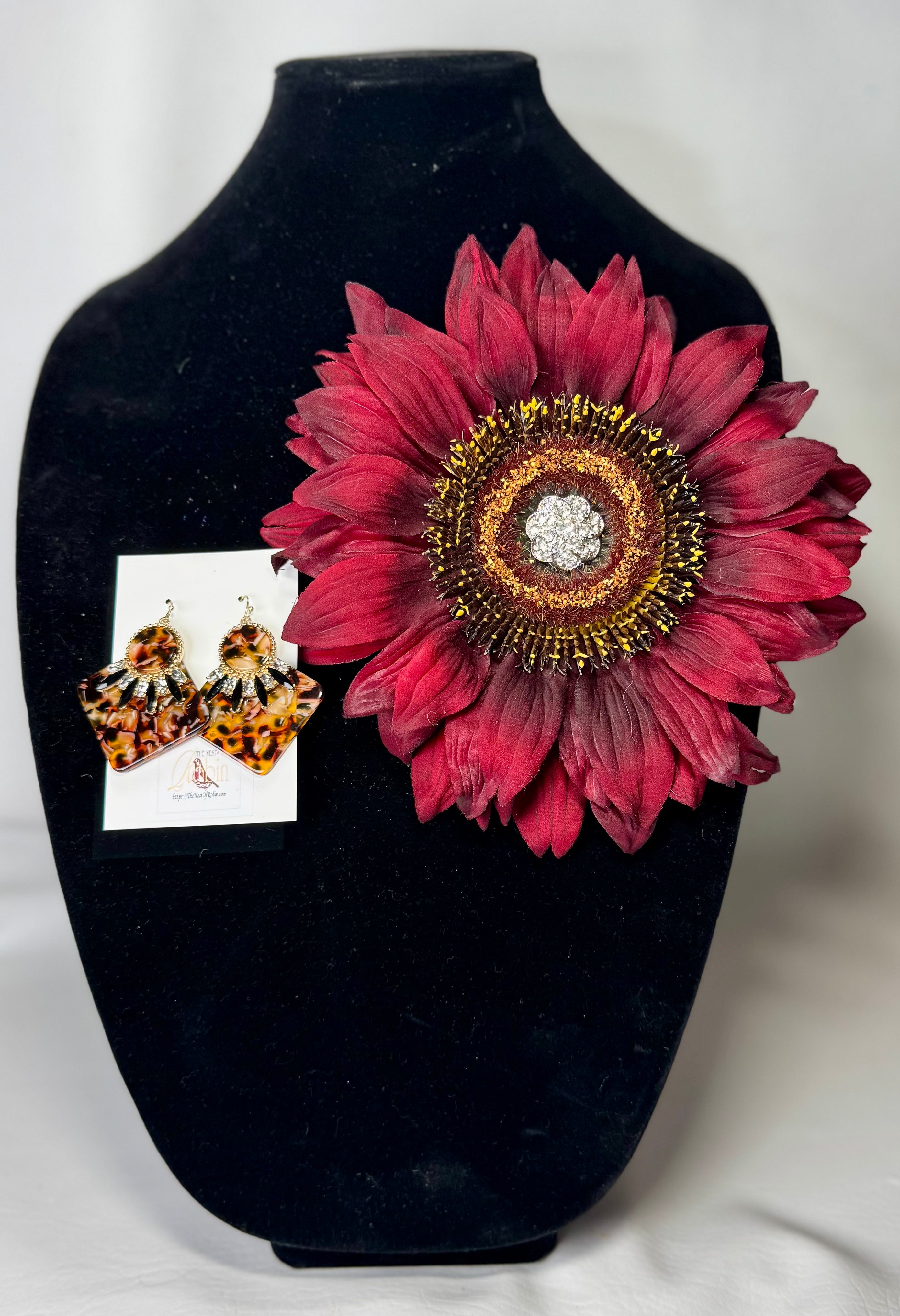 “Deep Sunflower” Floral Brooch & Earrings Set