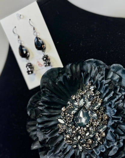 “Midnight Joy” Floral Brooch & Earrings Set