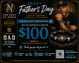 Father's Day gift certificate with a man and branding elements on a dark background