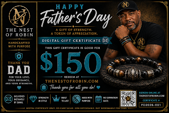 Father's Day gift certificate with a man holding a gun, featuring text and branding.