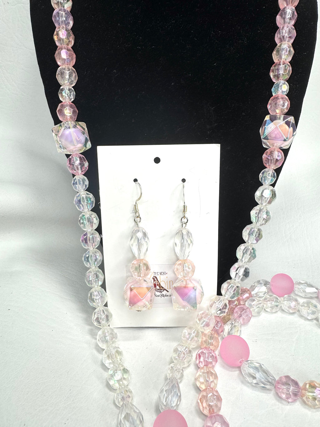 “Blush Radiance Ensemble” - Floral Brooch, Long Necklace & Earrings￼
