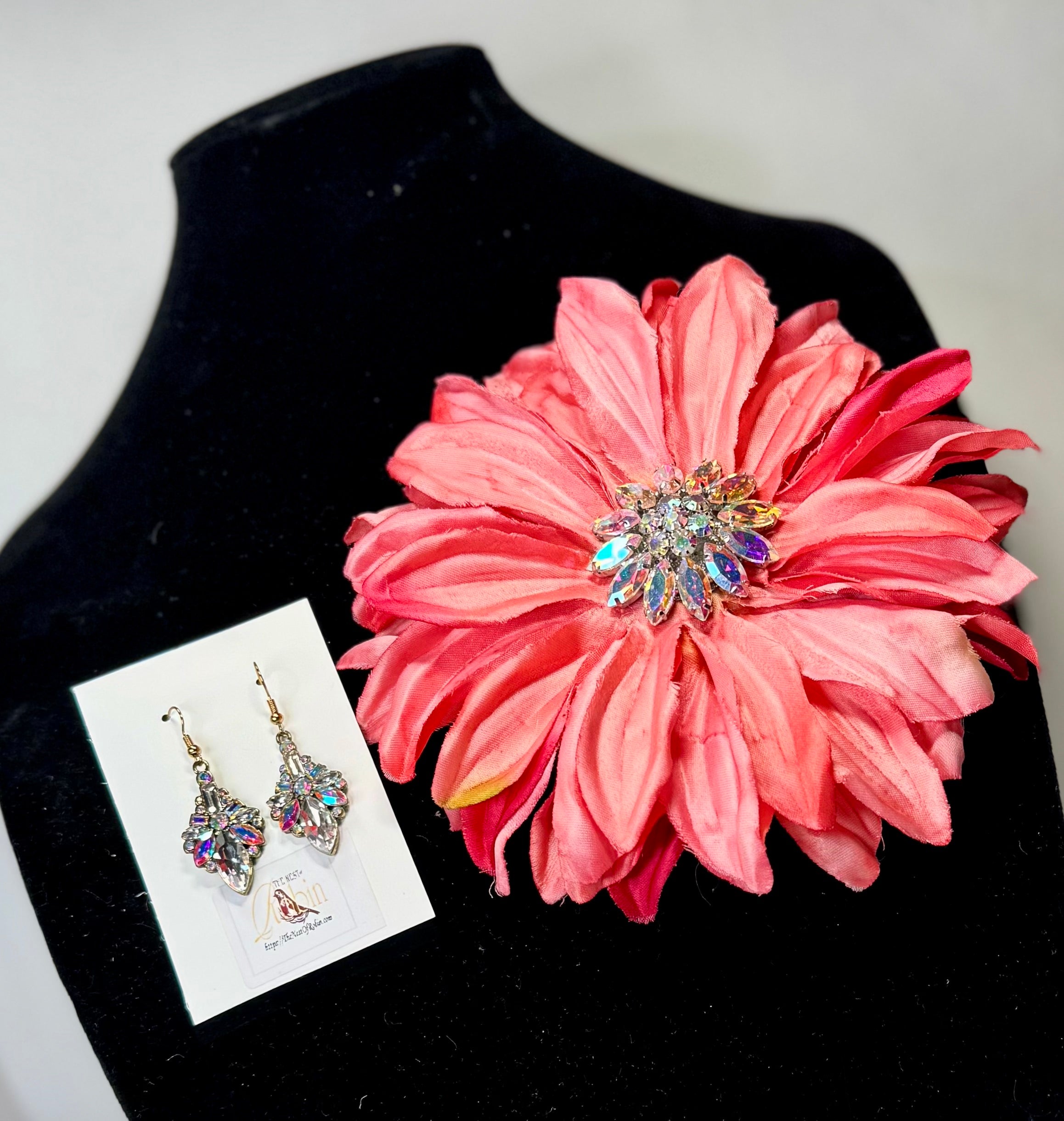 “Coral Bloom” Floral Brooch & Earrings Set