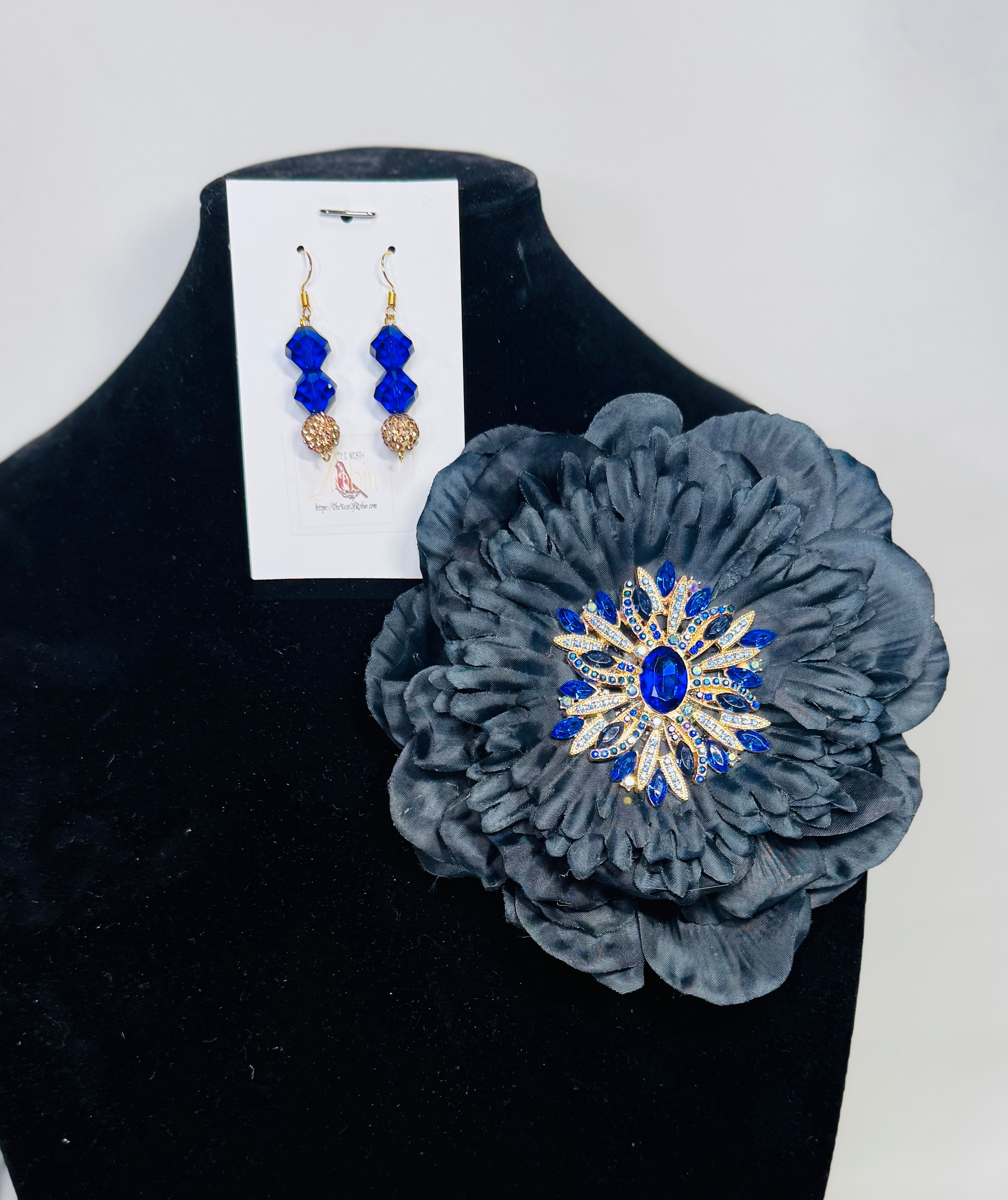 “Cobalt Night” Floral Brooch & Earrings Set