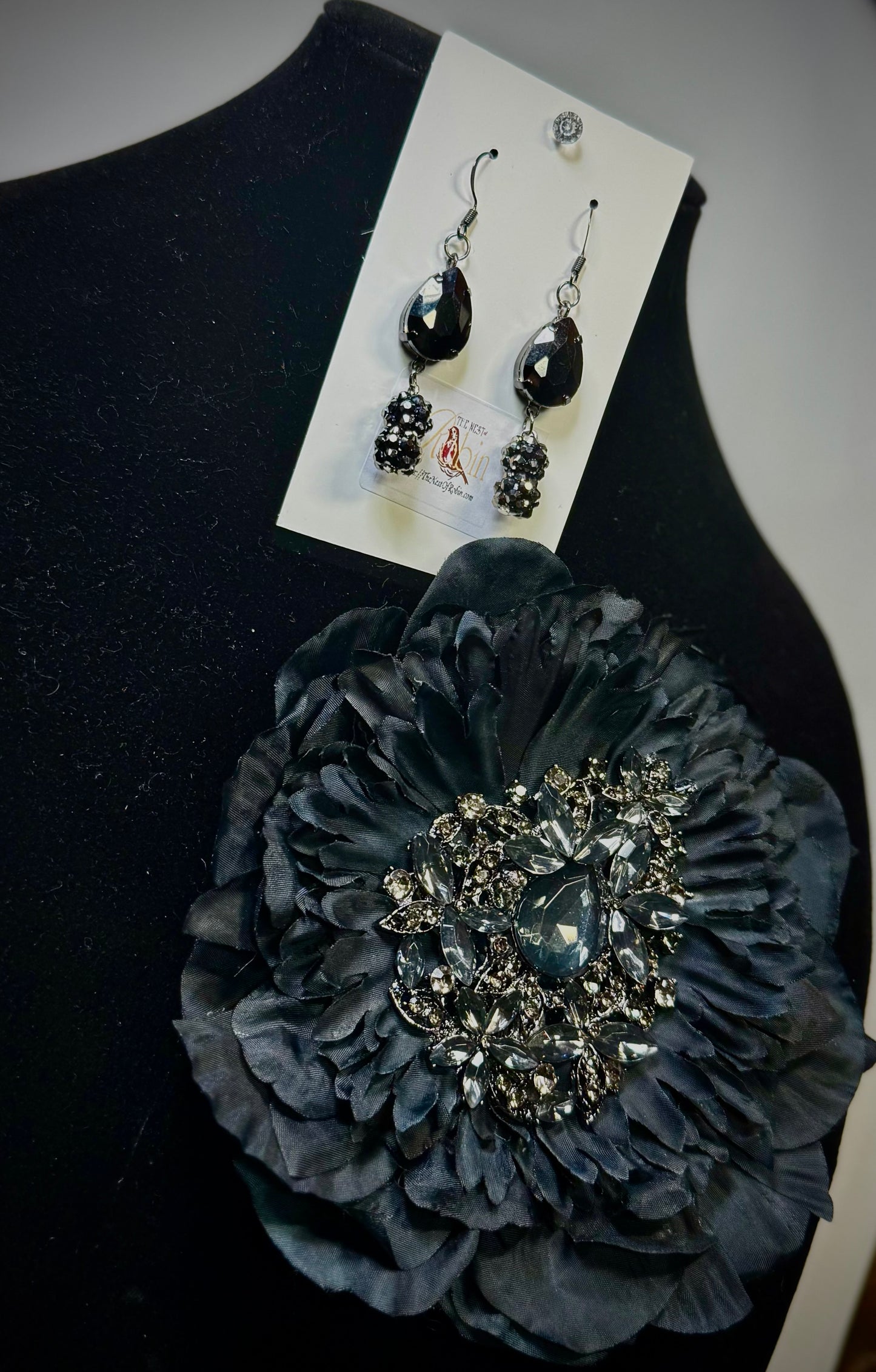 “Midnight Joy” Floral Brooch & Earrings Set