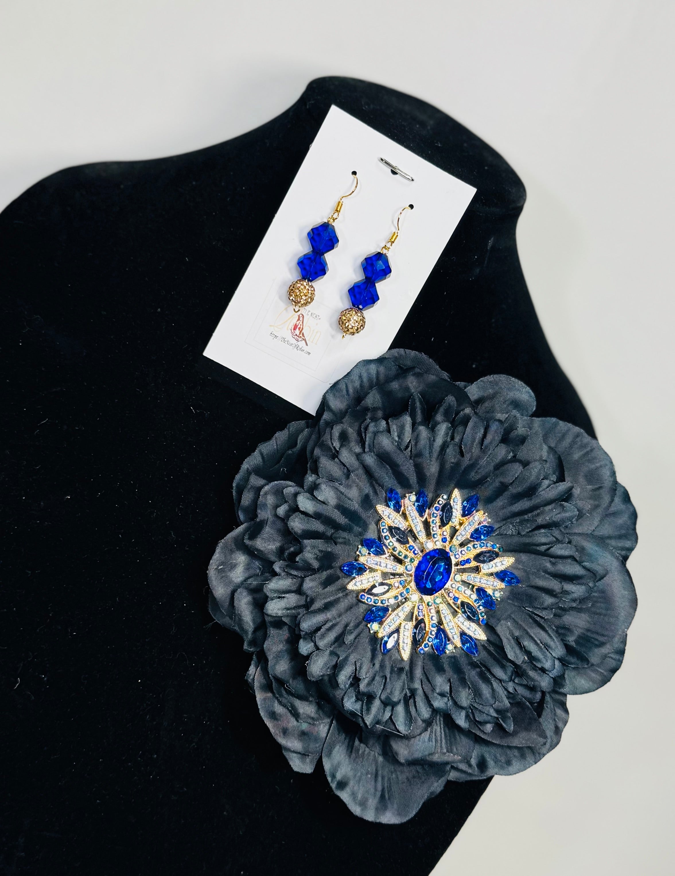“Cobalt Night” Floral Brooch & Earrings Set