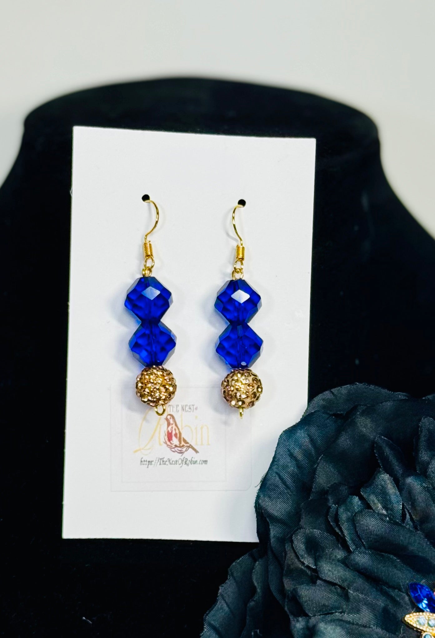 “Cobalt Night” Floral Brooch & Earrings Set