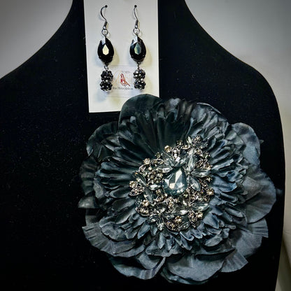 “Midnight Joy” Floral Brooch & Earrings Set