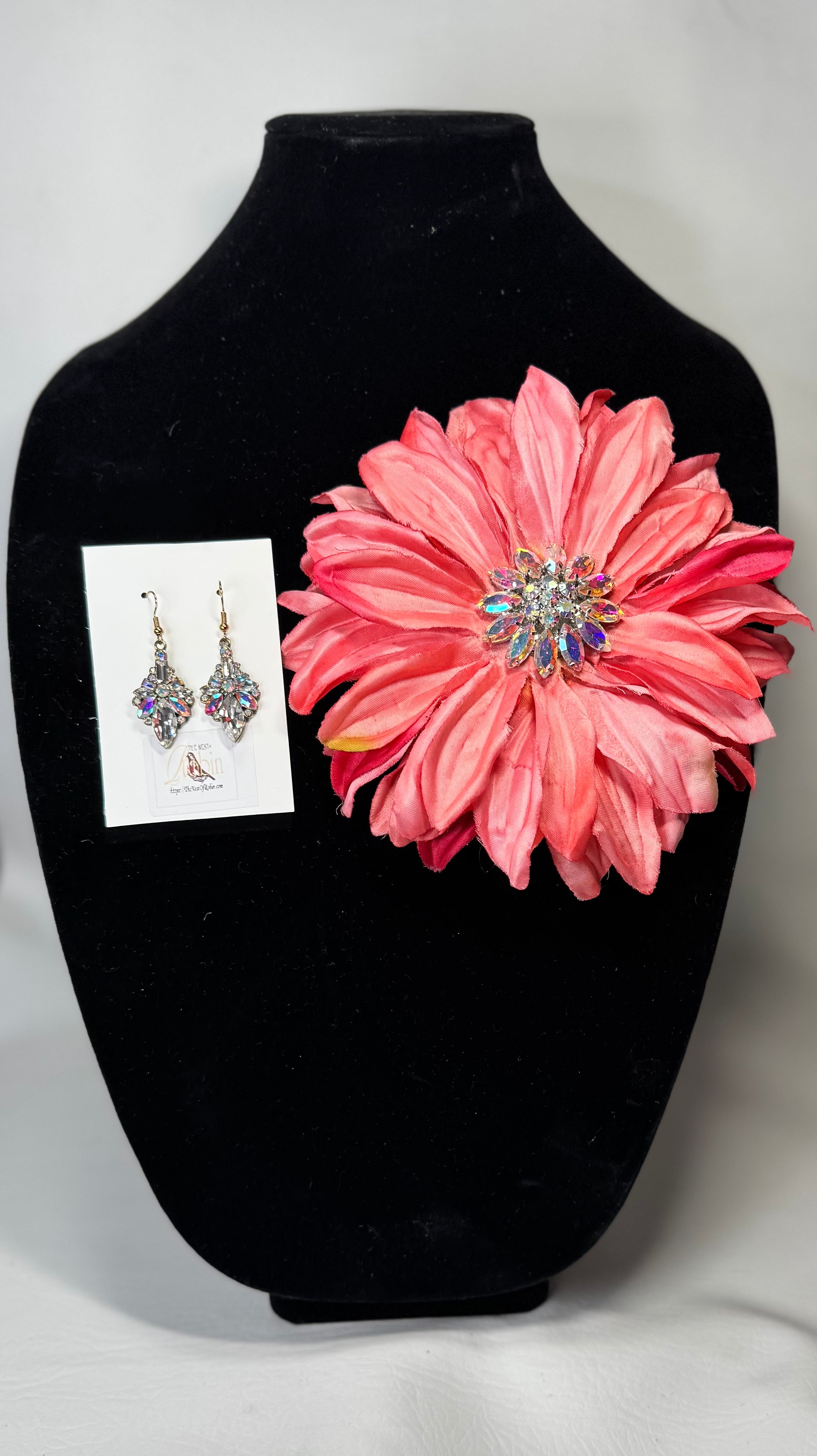 “Coral Bloom” Floral Brooch & Earrings Set