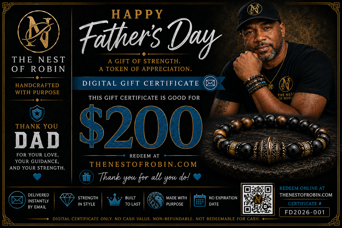 Father's Day gift certificate with a man wearing jewelry and text about The Nest of Robin.