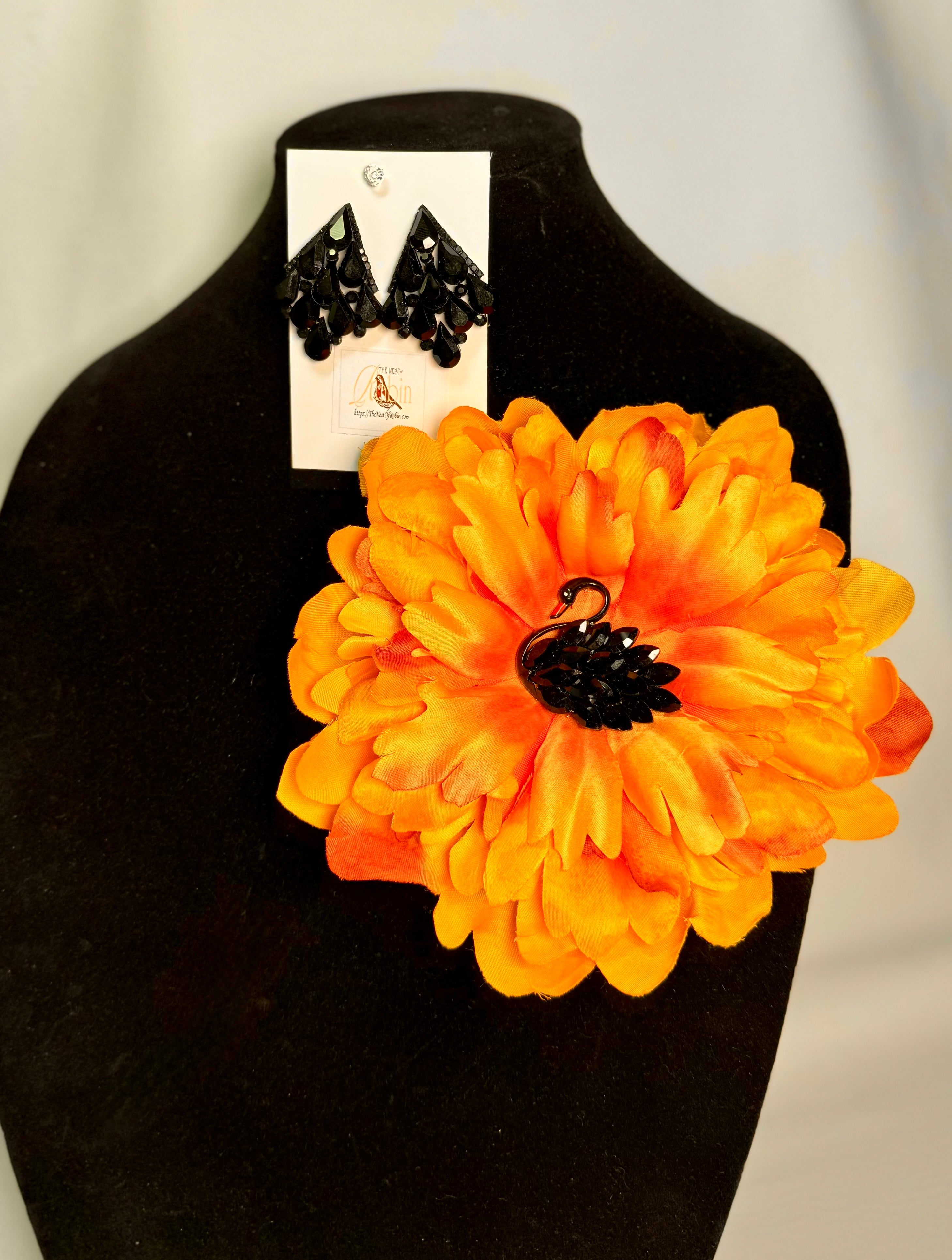 “Black Swan” Floral Brooch & Earrings Set