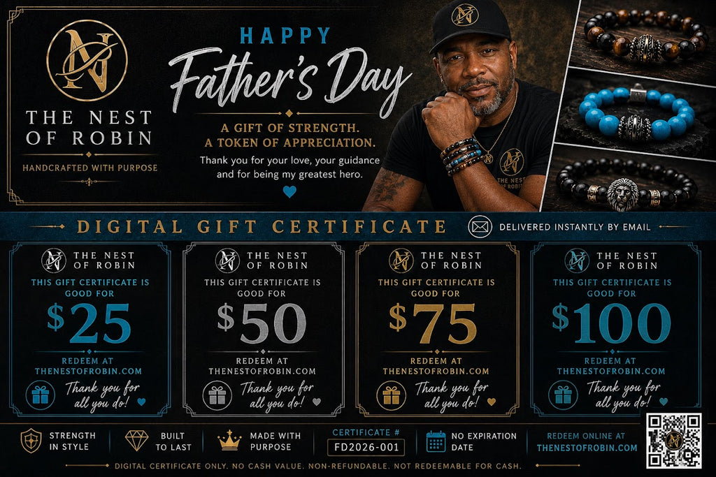 Father's Day gift certificate for The Nest of Robin with jewelry images and text.