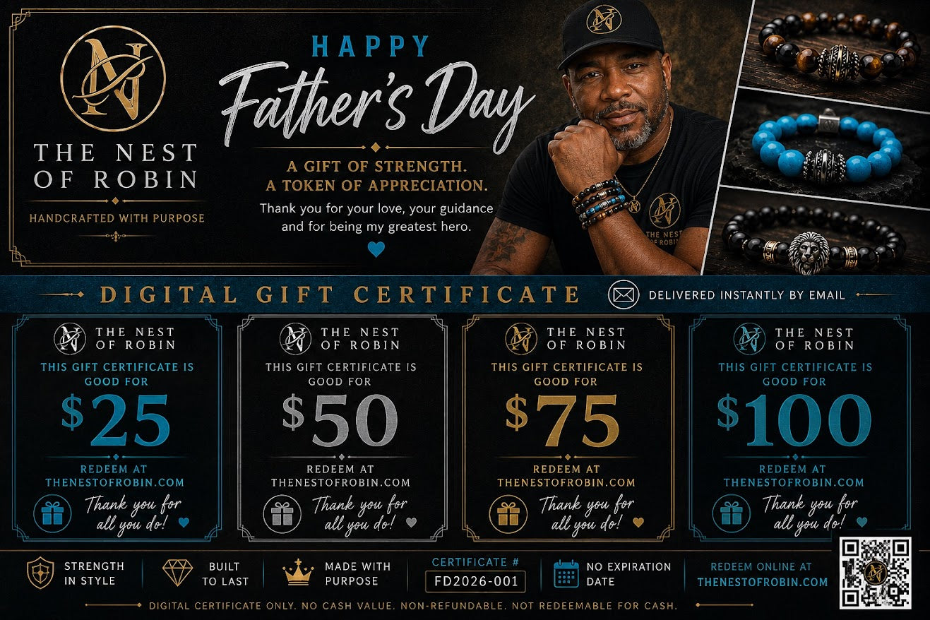Father's Day gift certificate for The Nest of Robin with jewelry images and text.