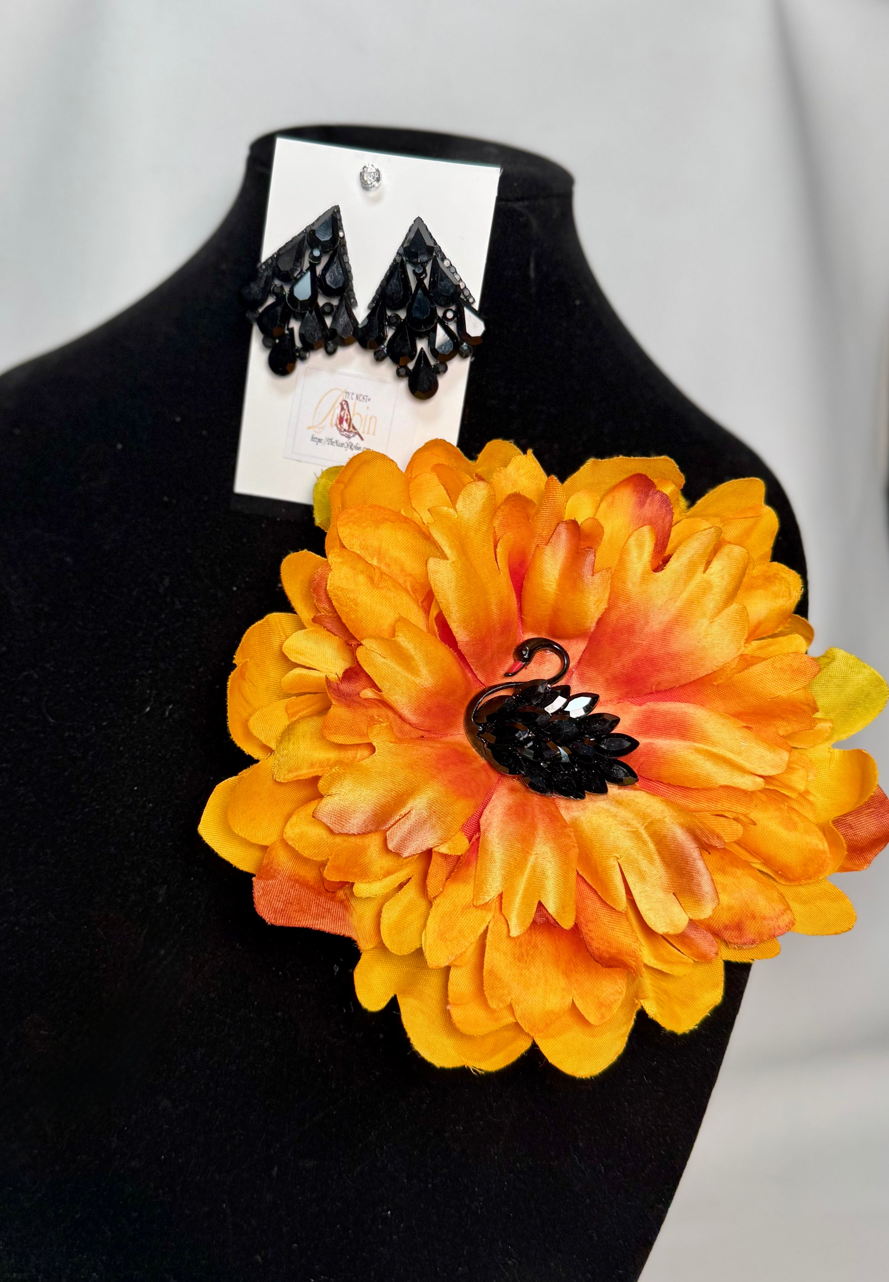 “Black Swan” Floral Brooch & Earrings Set