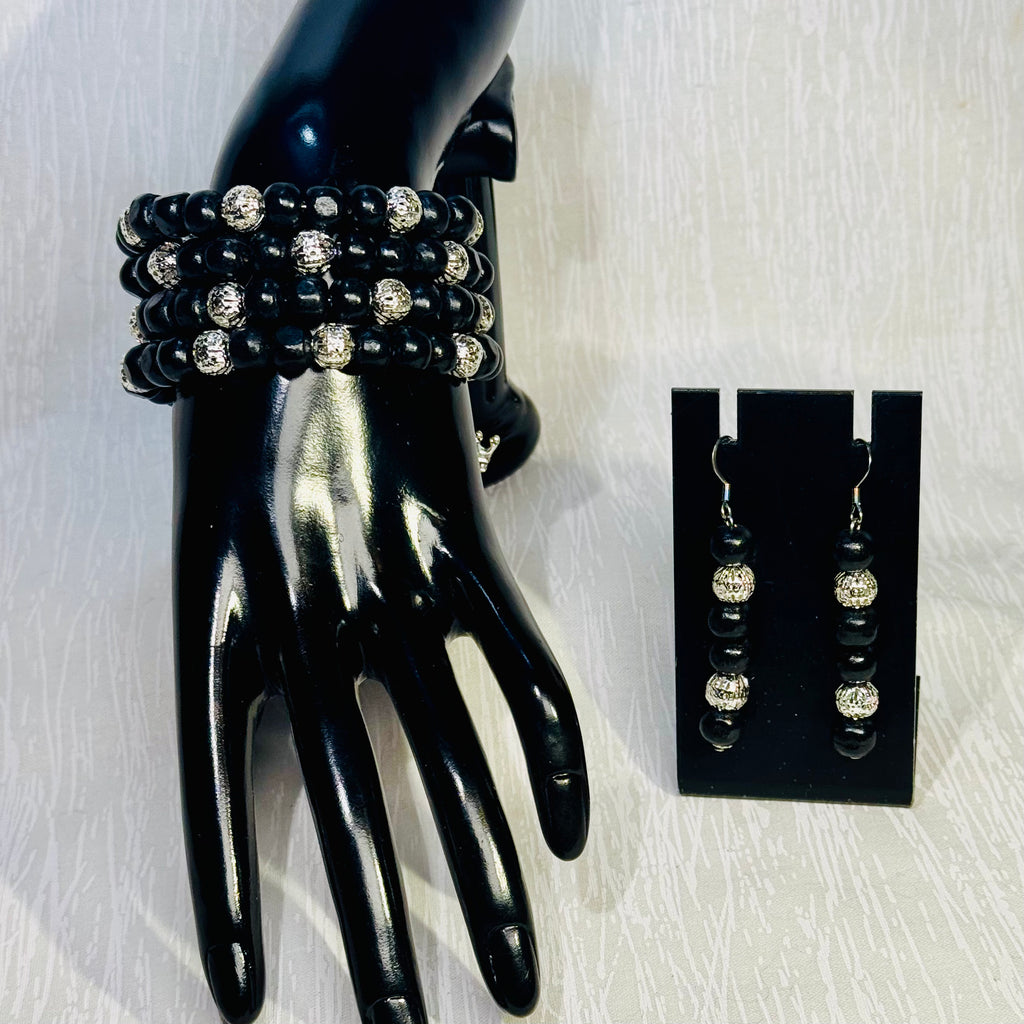"Black Crown" Wrap Bracelet & Earrings Set