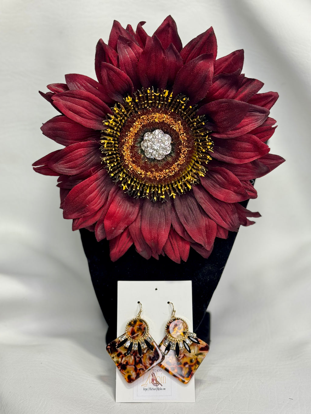 “Crimson Radiance” Floral Brooch & Earrings Set