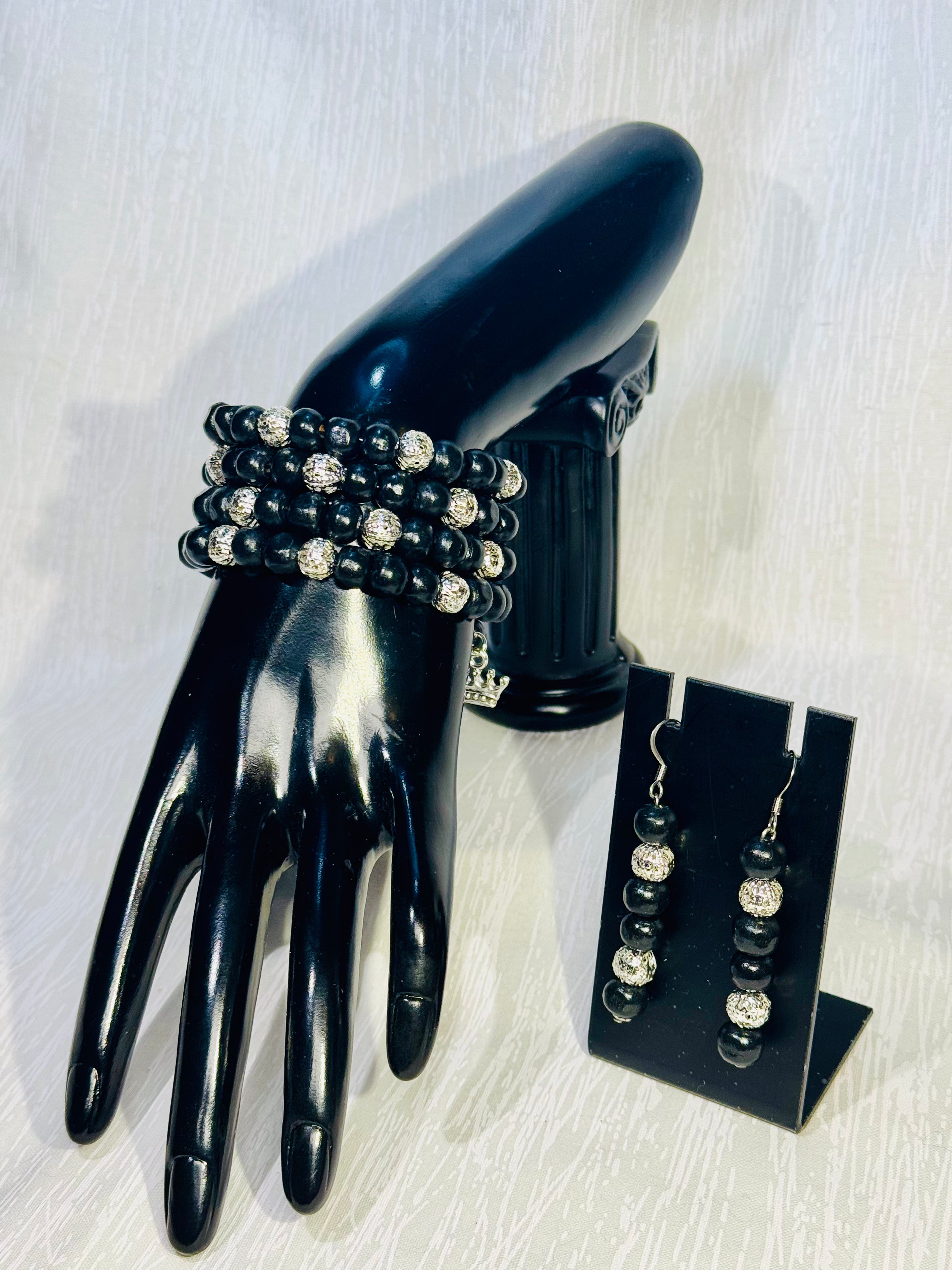 "Black Crown" Wrap Bracelet & Earrings Set