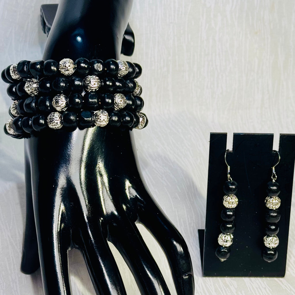 "Black Crown" Wrap Bracelet & Earrings Set