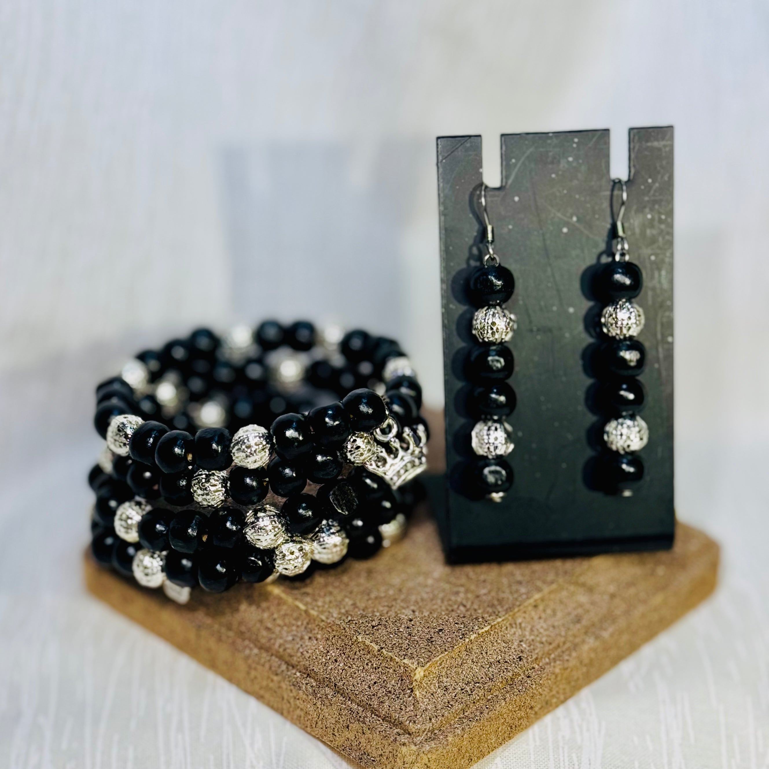 "Black Crown" Wrap Bracelet & Earrings Set