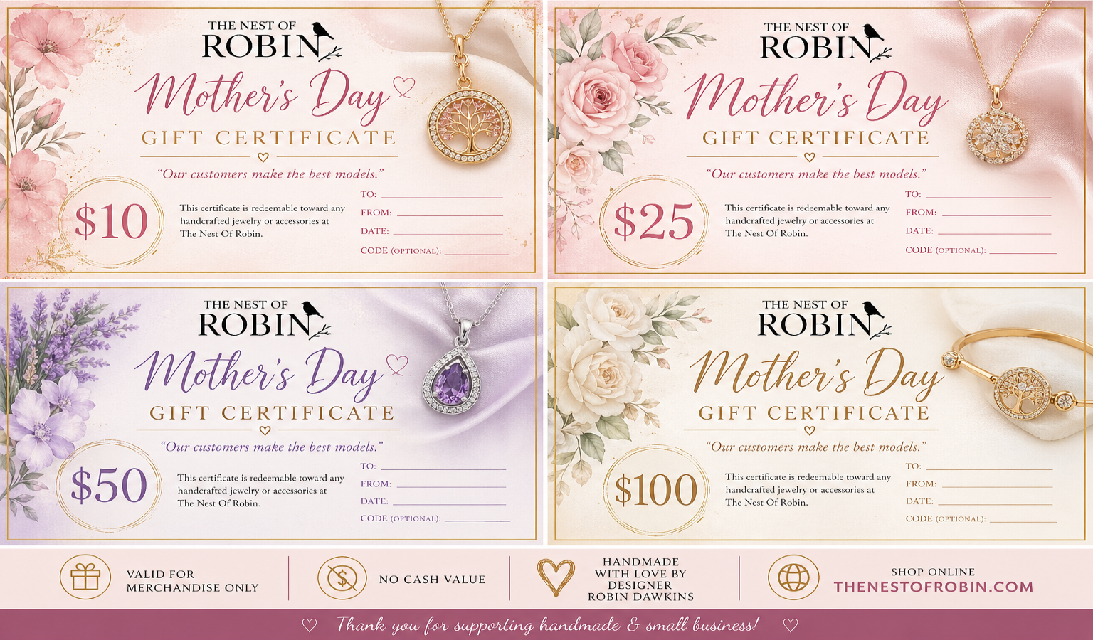 Collection of Mother's Day gift certificates from The Nest of Robin with floral designs and jewelry images.