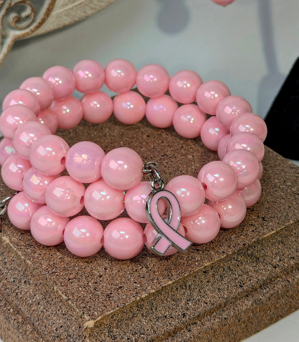 Pink Ribbon Bracelet & Earrings Set