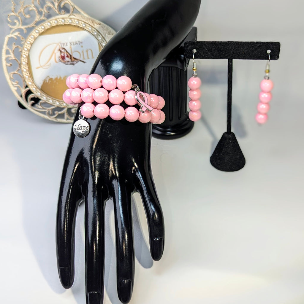 Pink Ribbon Bracelet & Earrings Set