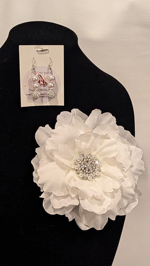 Crystal White Floral Brooch & Earring Set